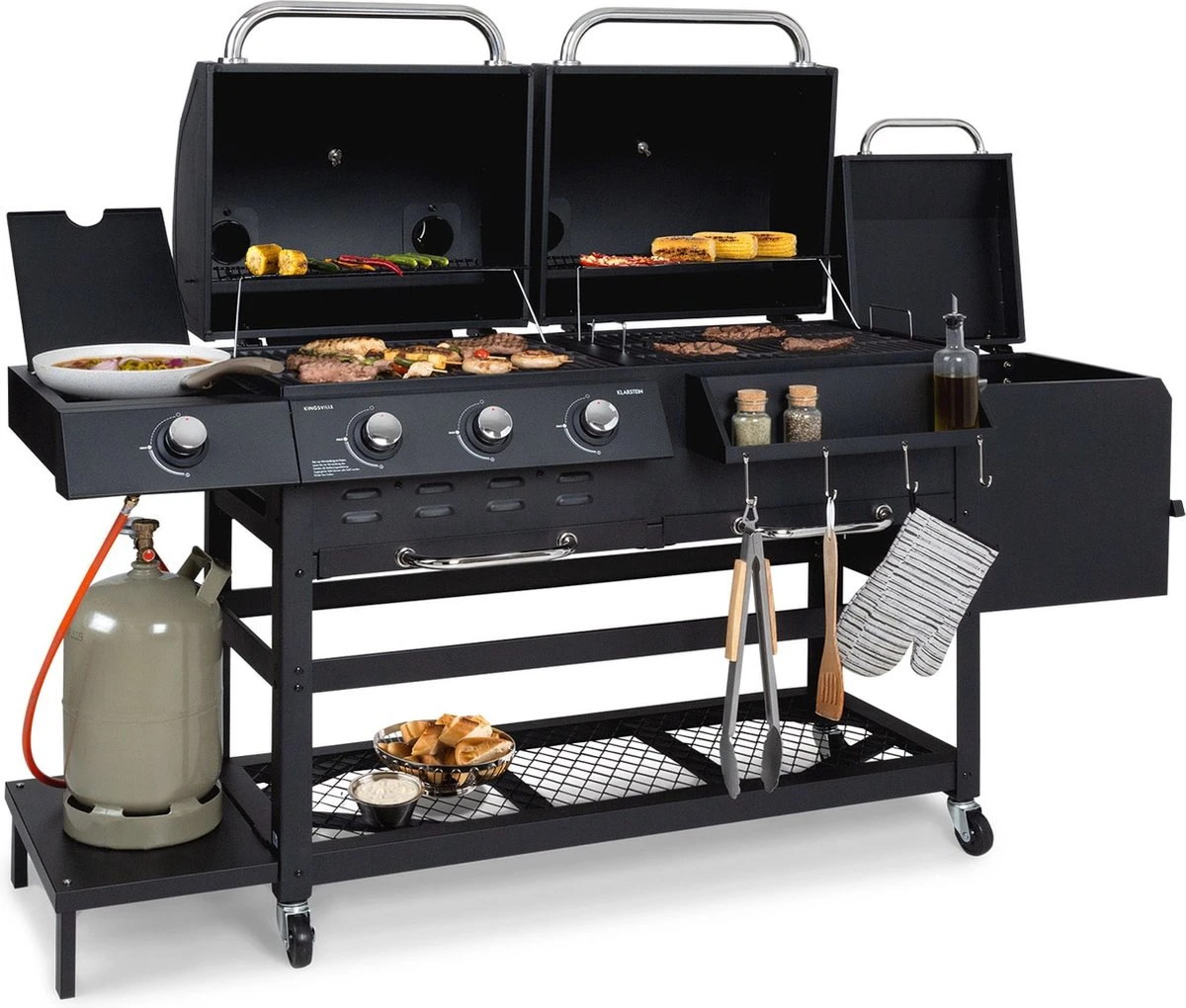 Klarstein Kingsville Double Barbecue - Houtskool- En Gasbarbecue - Smoker BBQ - Inclusief Deksels En Thermometer - Met 2 Roosters - Zwart 11 Klarstein Kingsville Double Barbecue - Houtskool- En Gasbarbecue - Smoker BBQ - Inclusief Deksels En Thermometer - Met 2 Roosters - Zwart - Afbeelding 11