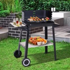 Verrijdbare Barbecue – Houtskool/Briketten - Verstelbare Grillplaat – Houten Tafel – Winscherm – Gewicht 5.9kg -Grillmeesters Goedkope Winkel 1200x1200 12