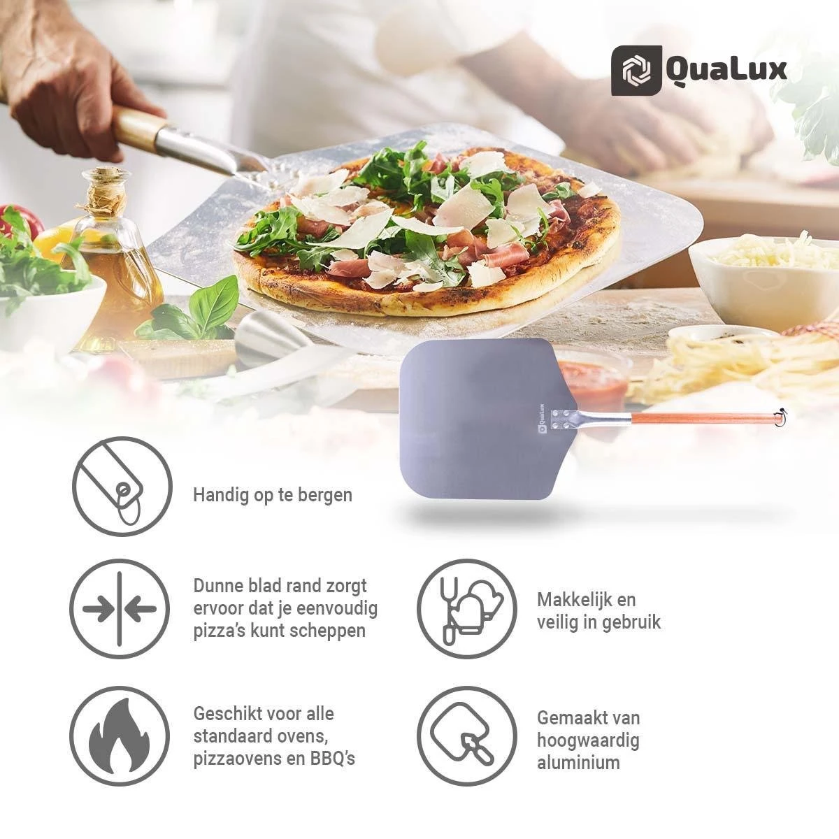 Qualux Pizzaschep Tweedelig – Pizzaschep Voor BBQ – Ophangbaar – Hout/rvs 5 Qualux Pizzaschep Tweedelig – Pizzaschep Voor BBQ – Ophangbaar – Hout/rvs - Afbeelding 5