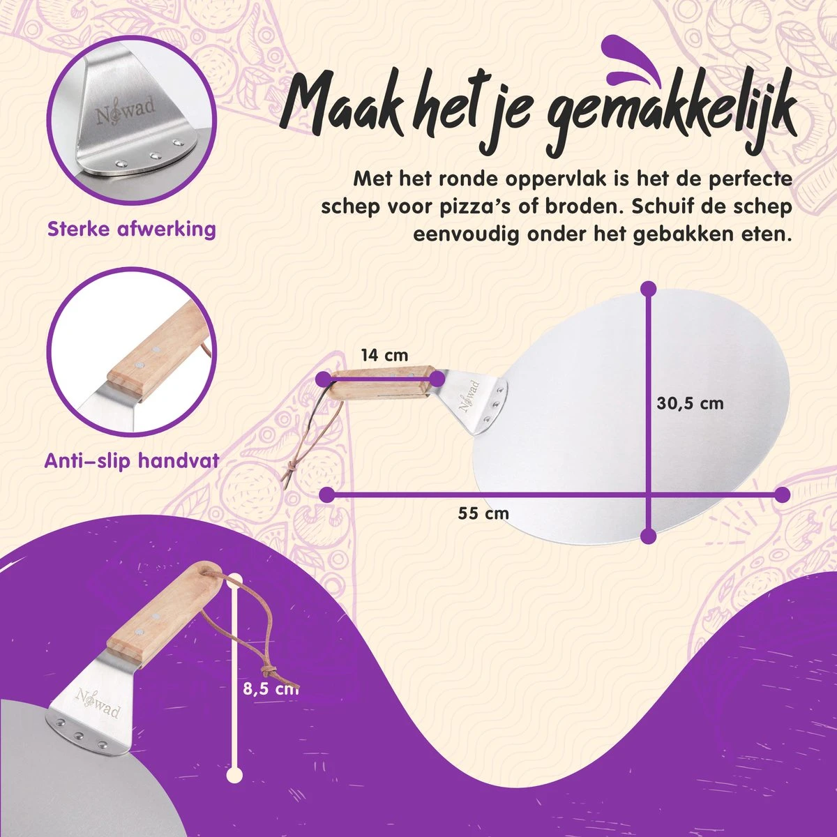 Nowad Pizzaschep RVS Rond Voor BBQ En Oven - 30,5 Cm - Pizzaspatel - Taartschep - Houten Handvat - Ophangbaar - Rond - Vaatwasbestendig - Keukenaccessoires 13 Nowad Pizzaschep RVS Rond Voor BBQ En Oven - 30,5 Cm - Pizzaspatel - Taartschep - Houten Handvat - Ophangbaar - Rond - Vaatwasbestendig - Keukenaccessoires - Afbeelding 13