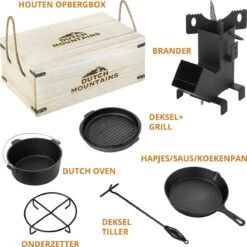 Dutch Mountains Gietijzeren Pannenset 7-delig - Dutch Oven – Braadpan - Grillpan - Hapjespan - Kookset In Houten Transportkist - Deksellifter - Brander -Grillmeesters Goedkope Winkel 1200x1200 833